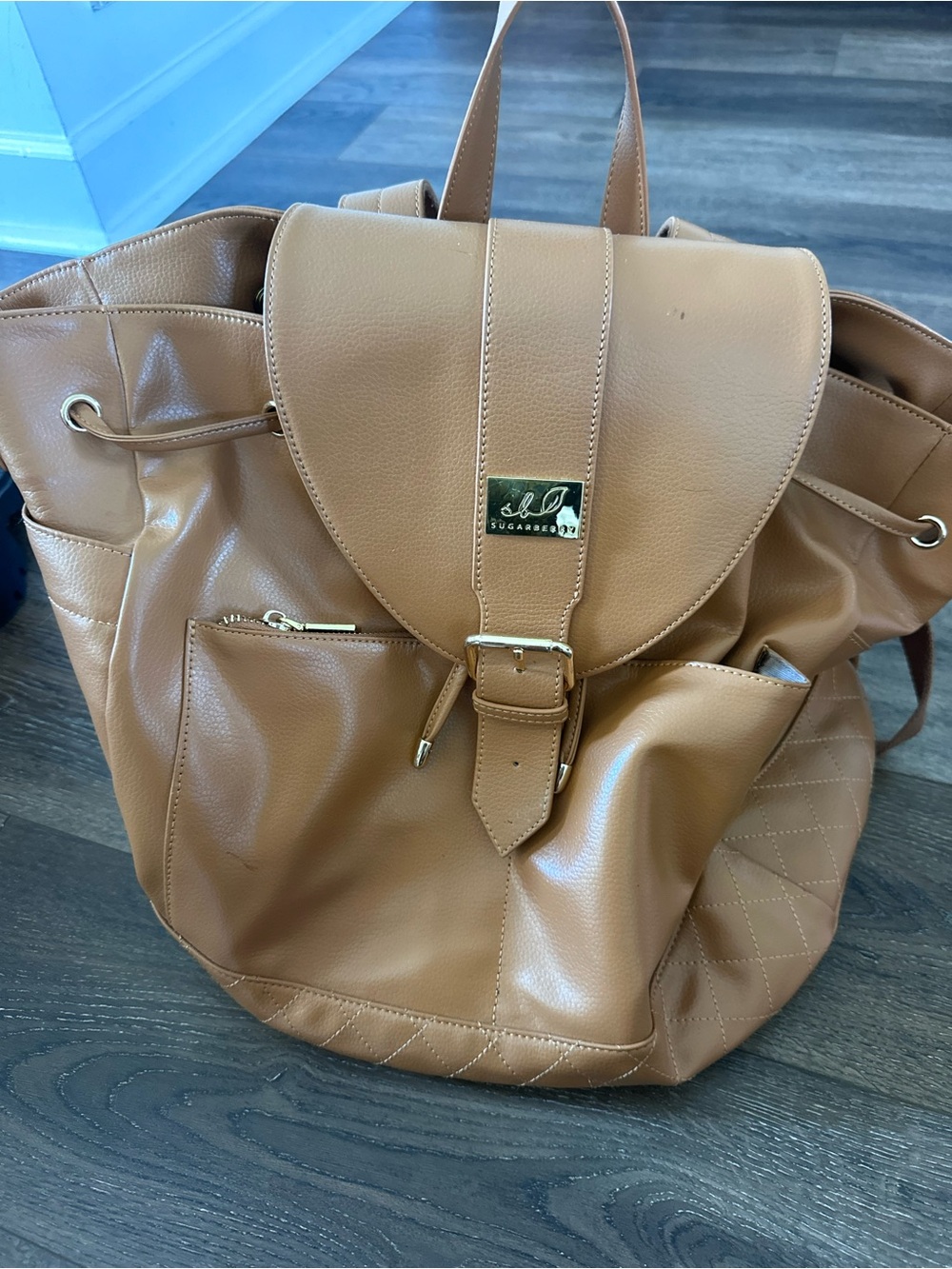 Leather Diaper Bag Tote in Tan with Front Buckle